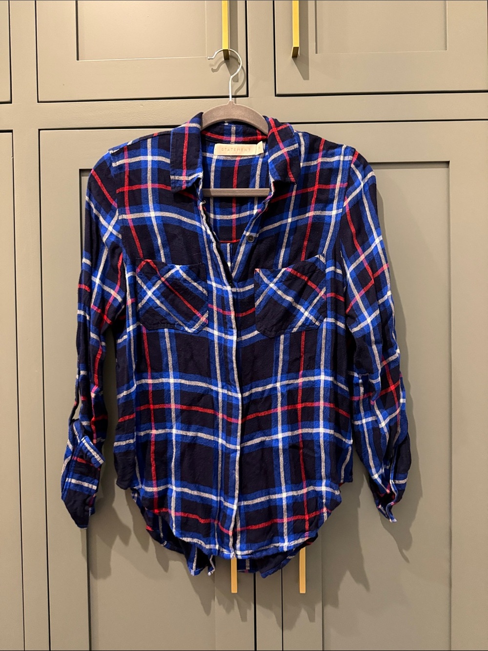 Anthropologie Navy Plaid Button-Down Shirt with Red & Blue Accents